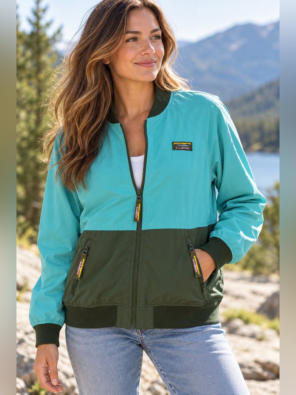 L.L.Bean Women’s Mountain Classic Colorblock Full Zip Jacket Aqua Green Large